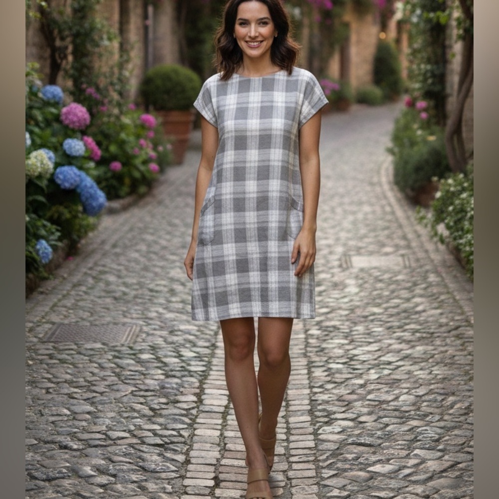 Eileen Fisher Light Gray Checkered linen Dress S